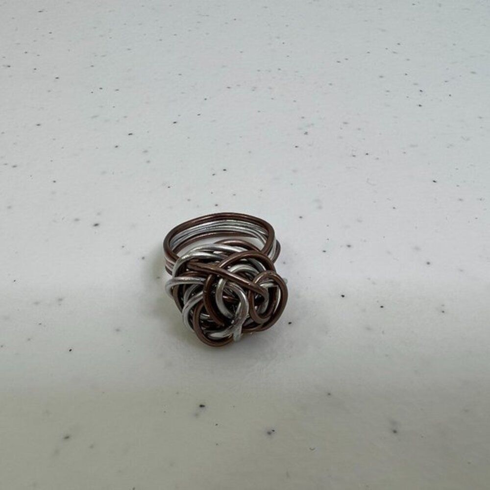 Wire Wrapped Ring Size 7 Gray Swirl Mixed Metal Twisted Silver Tone Cluster